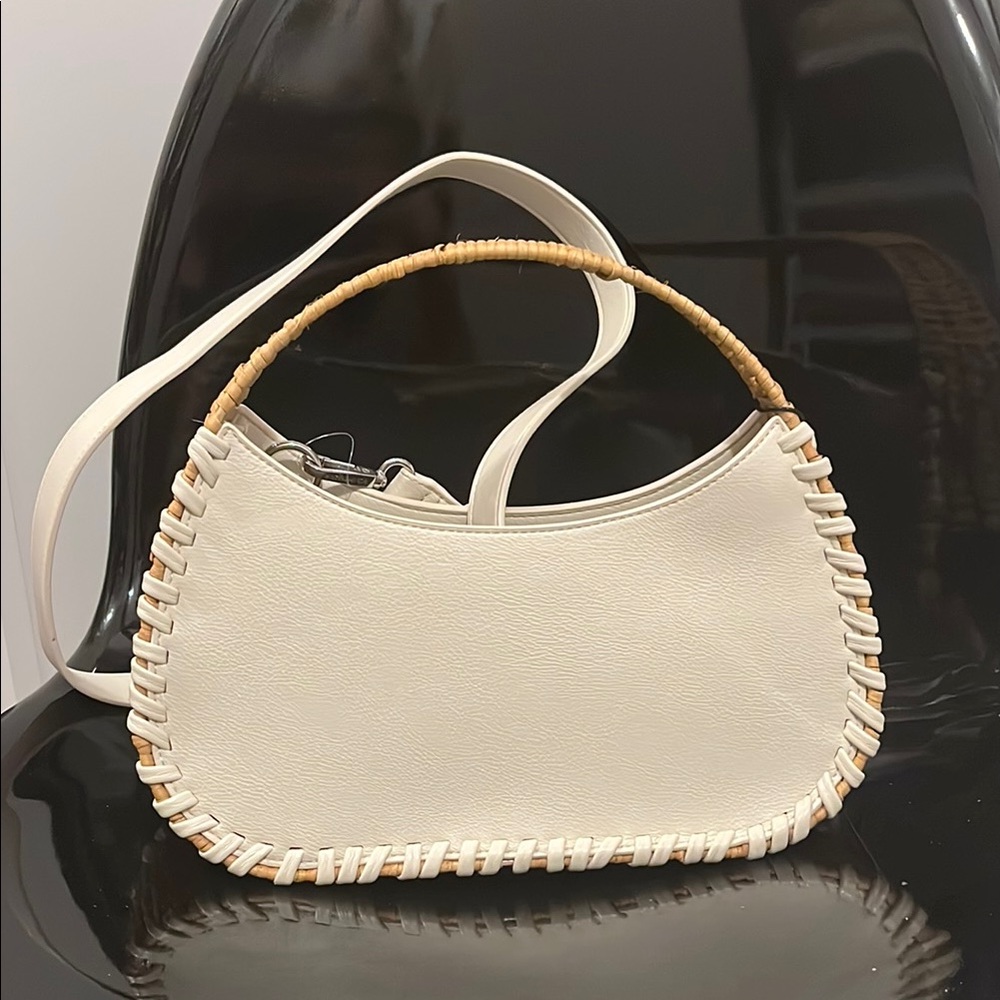BCBGMaxAzria White Shoulder Bag with Crescent Shape and Whipstitch Detail